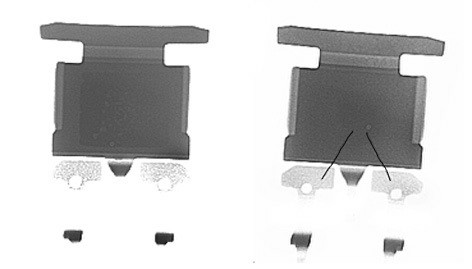 X-Ray snímky, příklad nefunkční součástky (vlevo nejsou vývody připojeny)